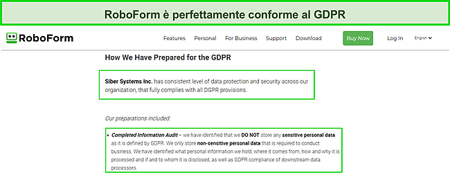Screenshot della conformit&agrave; al GDPR di RoboForm.