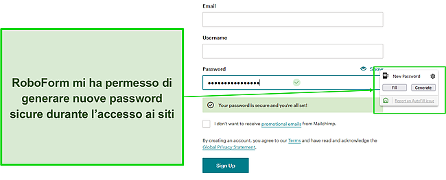 Screenshot del generatore di password sicuro di RoboForm.