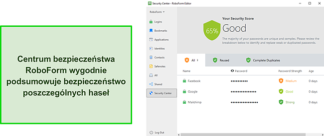 Zrzut ekranu Centrum bezpieczeństwa RoboForm.