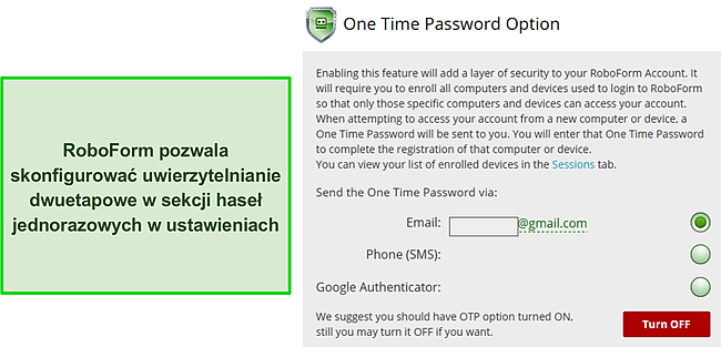 Zrzut ekranu funkcji 2FA w RoboForm.