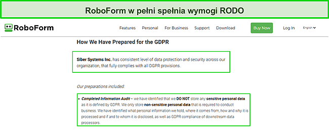 Zrzut ekranu zgodności RoboForm z RODO.