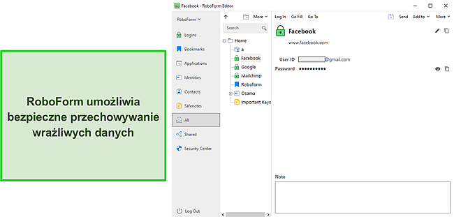 Zrzut ekranu bezpiecznego przechowywania informacji RoboForm.