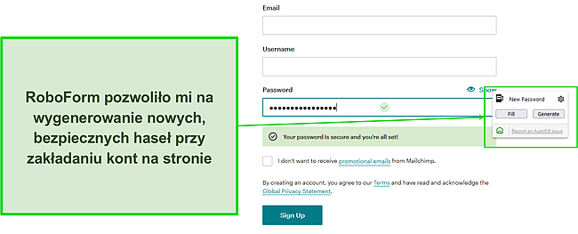 Zrzut ekranu generatora bezpiecznych haseł RoboForm.