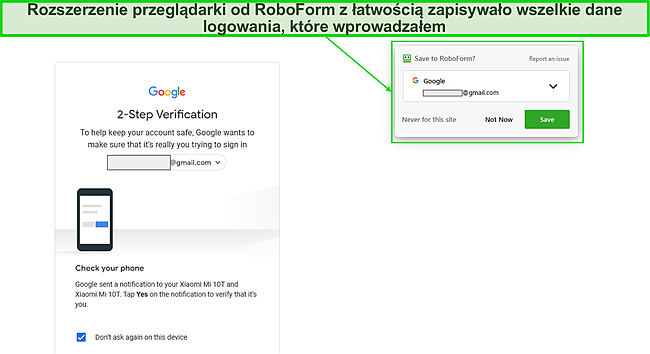 Zrzut ekranu rozszerzenia przeglądarki RoboForm przechwytuje dane logowania.