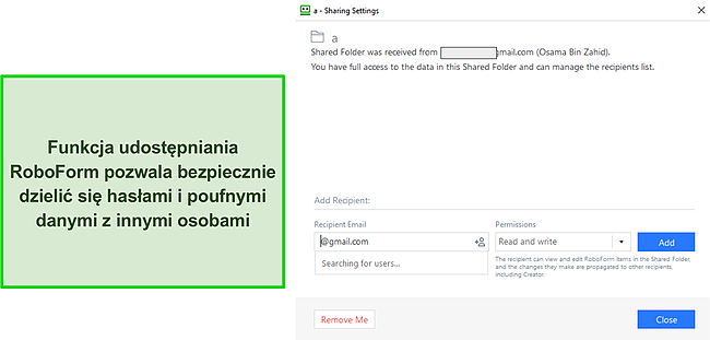 Zrzut ekranu funkcji udostępniania RoboForm.