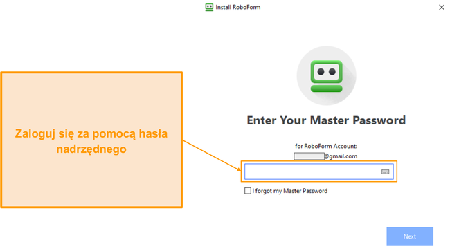 Zrzut ekranu strony logowania do aplikacji RoboForm dla systemu Windows.