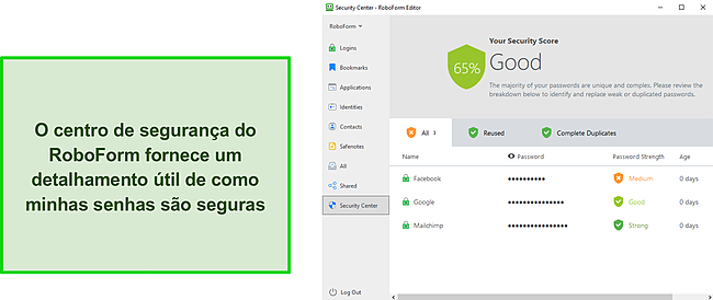 Captura de tela da Central de seguran&ccedil;a do RoboForm.
