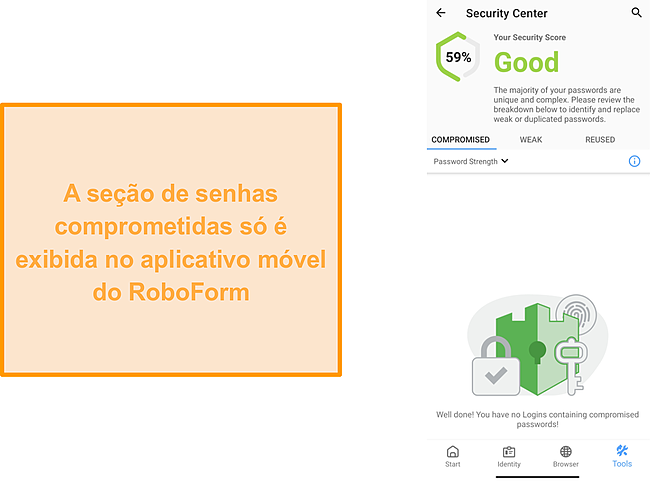 Captura de tela da se&ccedil;&atilde;o de senhas comprometidas do RoboForm.