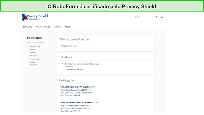 Captura de tela da certifica&ccedil;&atilde;o Privacy Shield do RoboForm.