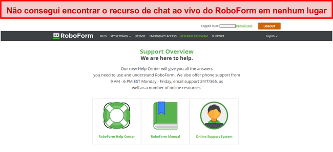 Captura de tela das op&ccedil;&otilde;es de suporte do RoboForm.