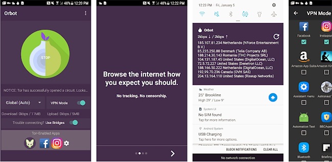 Mehrere Frames mit Screenshots von Orbots Benutzeroberfl&auml;che auf Android