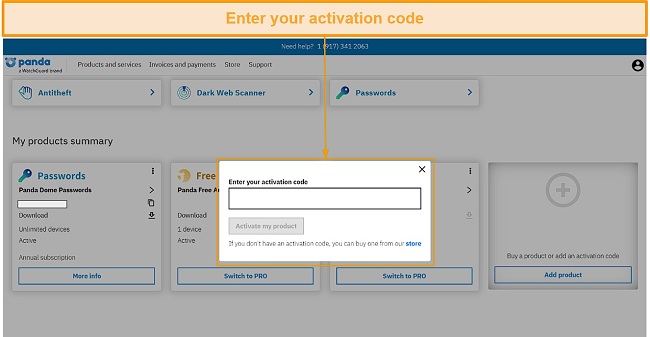 Entering Panda Dome Passwords activation code