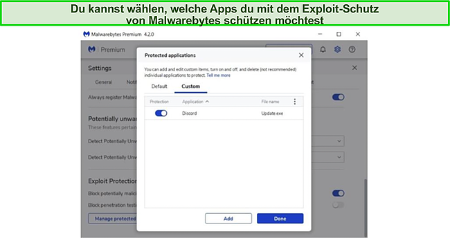 Screenshot der Liste der Apps, die durch den Exploit-Schutz von Malwarebytes gesch&uuml;tzt sind.