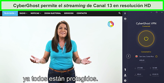 Captura de pantalla de CyberGhost transmitiendo TV en vivo en Canal 13.