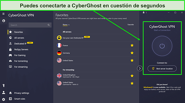 La interfaz de usuario de CyberGhost, que demuestra su funci&oacute;n de conexi&oacute;n r&aacute;pida y varios servidores optimizados para diferentes usos.