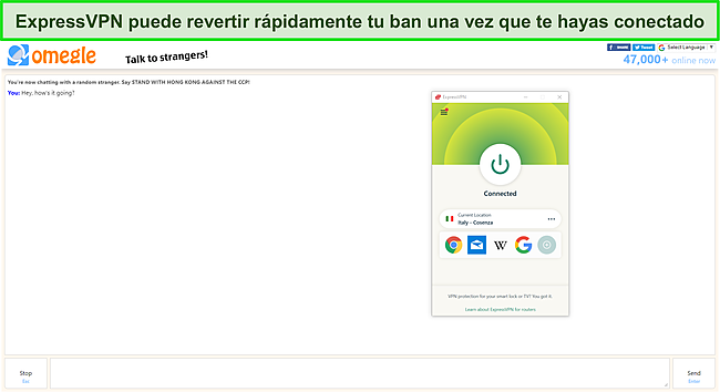 ExpressVPN desbloquea Omegle mientras est&aacute; conectado a un servidor italiano.