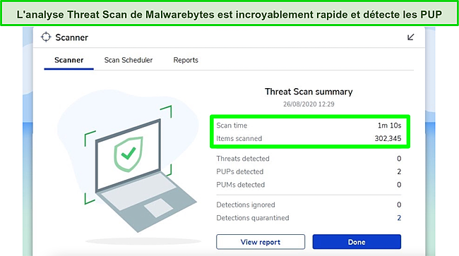 Capture d'&eacute;cran des r&eacute;sultats de Malwarebytes Threat Scan.