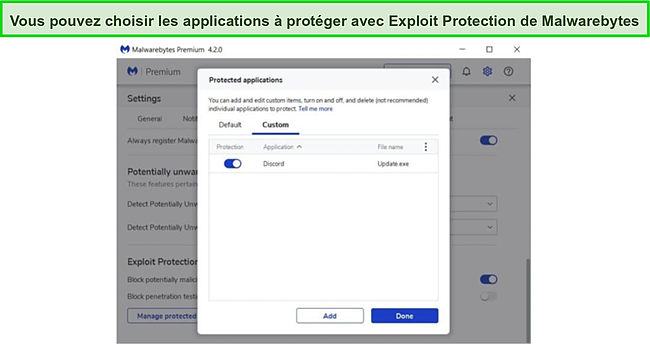 Capture d'&eacute;cran de la liste des applications prot&eacute;g&eacute;es par la protection contre les exploits de Malwarebytes.