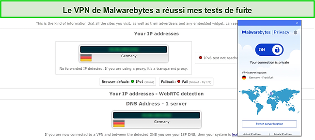 Capture d'&eacute;cran des r&eacute;sultats du test de fuite DNS pour Malwarebytes VPN.