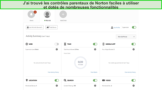 Capture d'&eacute;cran de la fonction de contr&ocirc;le parental de Norton.