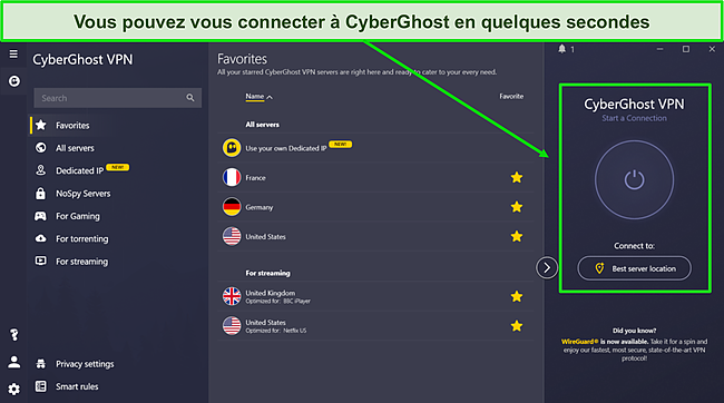L'interface utilisateur de CyberGhost, d&eacute;montrant sa fonction de connexion rapide et divers serveurs optimis&eacute;s pour diff&eacute;rentes utilisations.