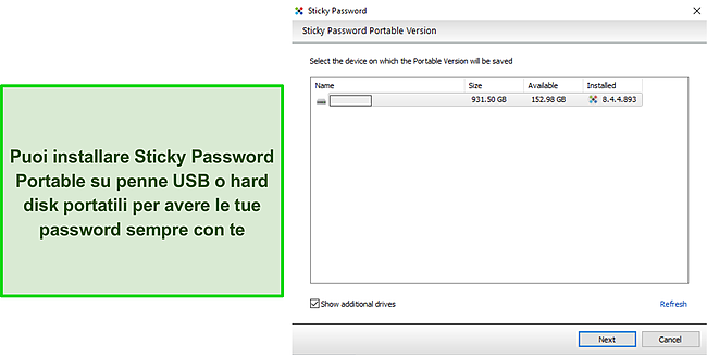 Screenshot dell'unit&agrave; USB portatile Sticky Password.