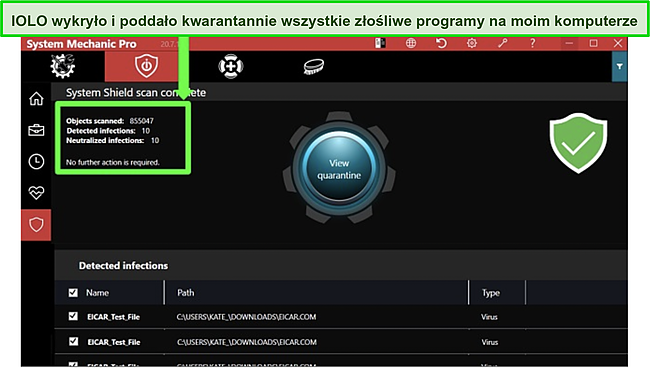 Zrzut ekranu programu antywirusowego IOLO usuwającego złośliwe oprogramowanie z plik&oacute;w systemowych.