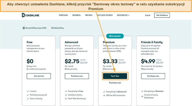 Interfejs użytkownika Dashlane z zaznaczonym przyciskiem "Darmowy okres testowy" umożliwiającym dostęp do ustawień i subskrypcji Premium