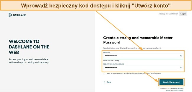 Ekran logowania z polem na wprowadzenie bezpiecznego kodu dostępu oraz przyciskiem "Utw&oacute;rz konto"