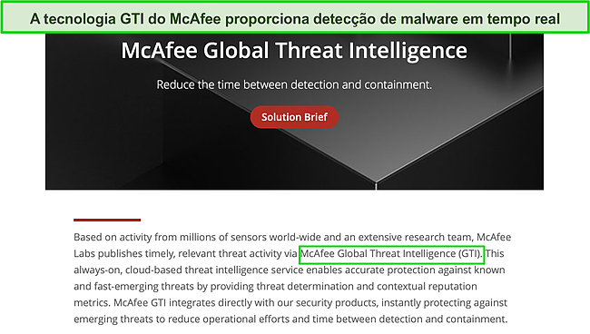 Captura de tela do servi&ccedil;o de intelig&ecirc;ncia de amea&ccedil;as baseado em nuvem GTI da McAfee.
