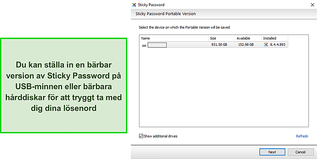 Sk&auml;rmdump av Sticky Password Portable USB-enhet.