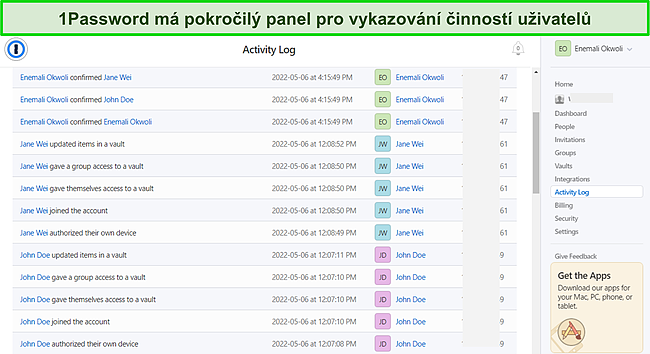 Sn&iacute;mek obrazovky protokolu aktivit 1Password's for Business.