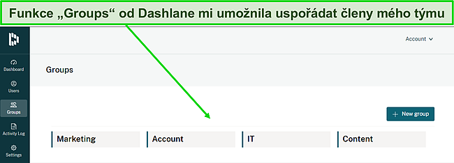Sn&iacute;mek obrazovky ř&iacute;dic&iacute;ho panelu Dashlane Groups.