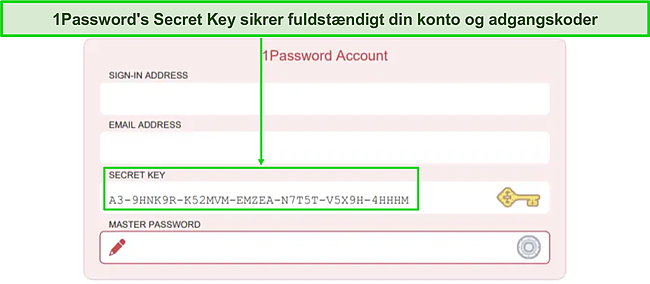 Sk&aelig;rmbillede af 1Password's Secret Key-konto login-side.