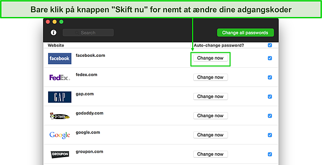 Sk&aelig;rmbillede af Dashlanes adgangskodeskifter med et enkelt klik.