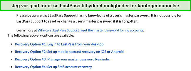 Sk&aelig;rmbillede af LastPass's kontogendannelsesmuligheder.
