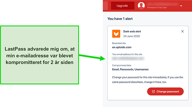 Sk&aelig;rmbillede af LastPass's m&oslash;rke web-alarm.
