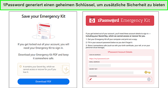 Das Notfall-Kit von 1Password mit dem geheimen Schl&uuml;ssel.