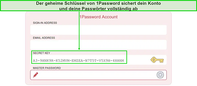 Screenshot der Anmeldeseite f&uuml;r das Secret Key-Konto von 1Password.