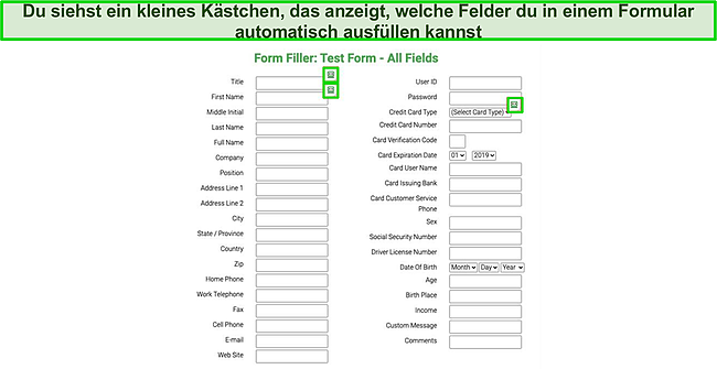 Screenshot des Testformulars, das von der automatischen Ausf&uuml;llfunktion von Roboform automatisch ausgef&uuml;llt wird.