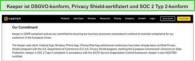 Keeper Privacy Shield-Zertifizierung und SOC 2 Typ 2- und DSGVO-Konformit&auml;t.