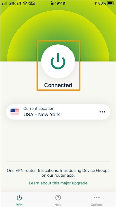Screenshot of tap to connect button on the ExpressVPN iOS app