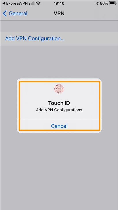 Screenshot of touch ID to add VPN configurations to an iPhone or iPad using the ExpressVPN iOS app