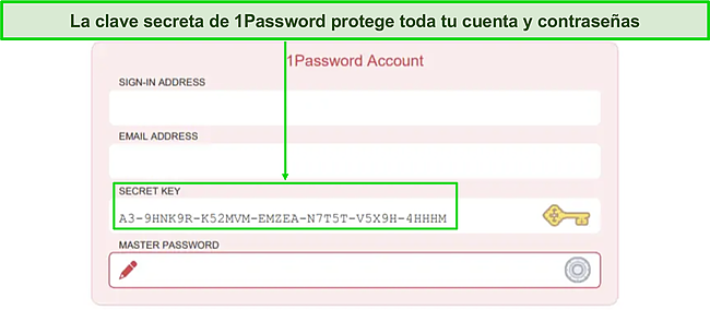 Captura de pantalla de la p&aacute;gina de inicio de sesi&oacute;n de la cuenta de clave secreta de 1Password.