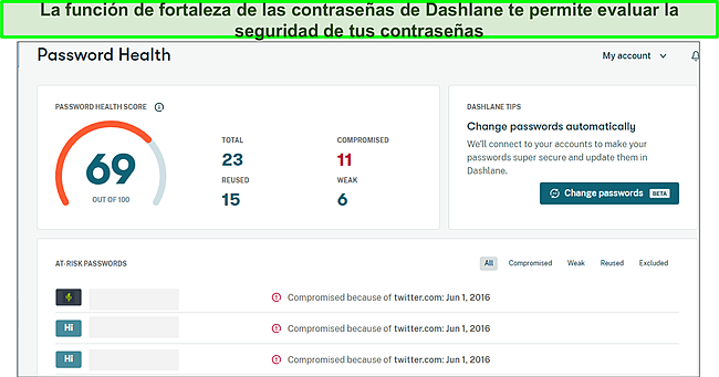 Funci&oacute;n de estado de la contrase&ntilde;a de Dashlane en acci&oacute;n.