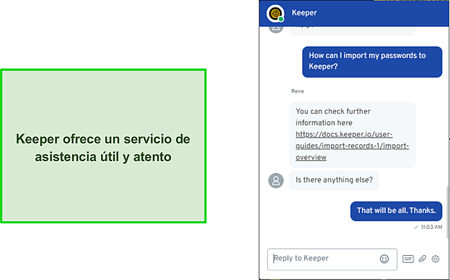 Conversaci&oacute;n con el soporte de chat en vivo de Keeper.