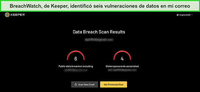 Captura de pantalla de los resultados de la filtraci&oacute;n de datos de la herramienta de supervisi&oacute;n de la web oscura de Keeper.