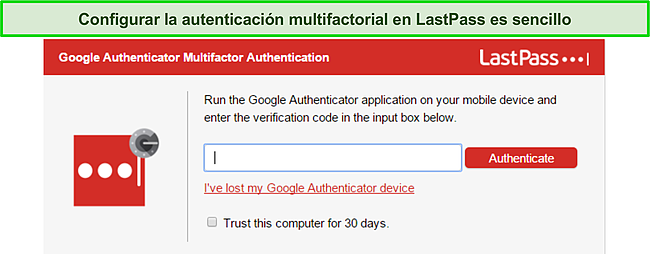Captura de pantalla de c&oacute;mo agregar 2FA con Google Authenticator en LastPass.