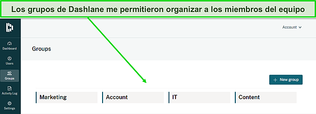 Captura de pantalla del tablero de Dashlane Groups.