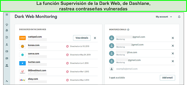 Uso del Monitoreo de la Dark Web de Dashlane para rastrear contrase&ntilde;as violadas.
